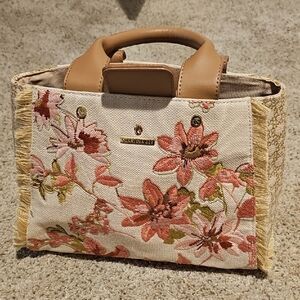 Floral Embroidered Beige Canvas Tote with Tan Handles